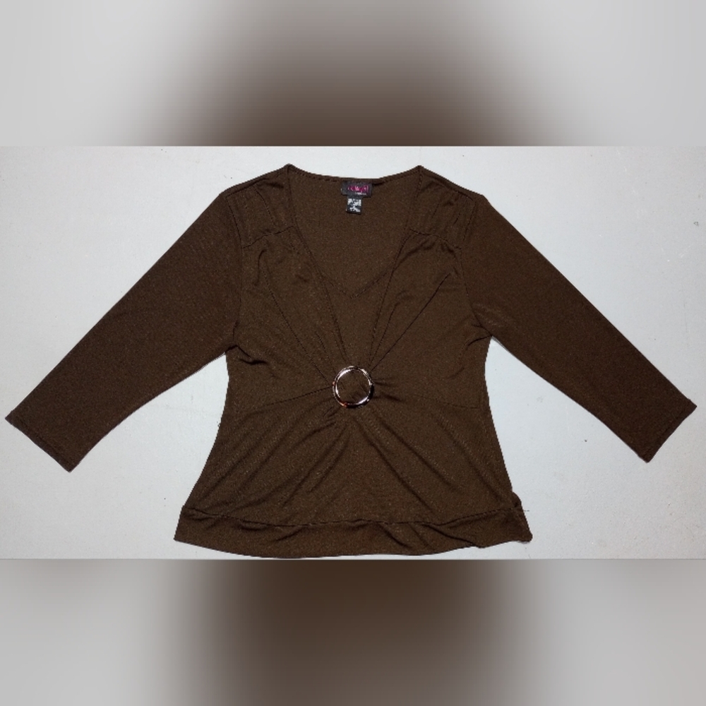 Notations Chocolate Brown Blouse with Metallic Ring, Size XL